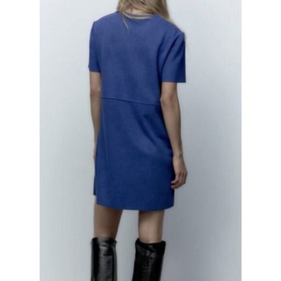 ZARA FAUX SUEDE Shift Dress Sz M Retro Modern Blue Comfort Crew Short Sleeve - Picture 2 of 10